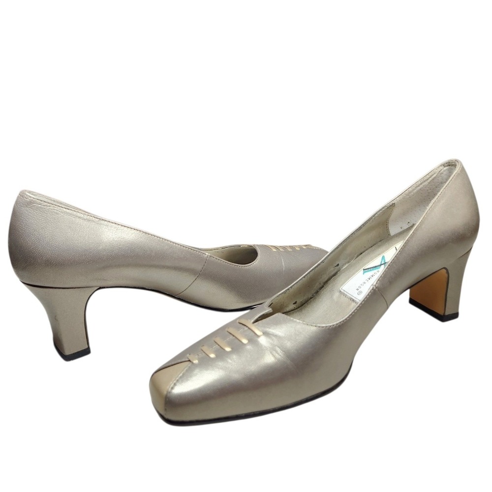 Vintage 90s Y2K Silver Gold Square Toe Block Heels Retro Pump Office Siren 7